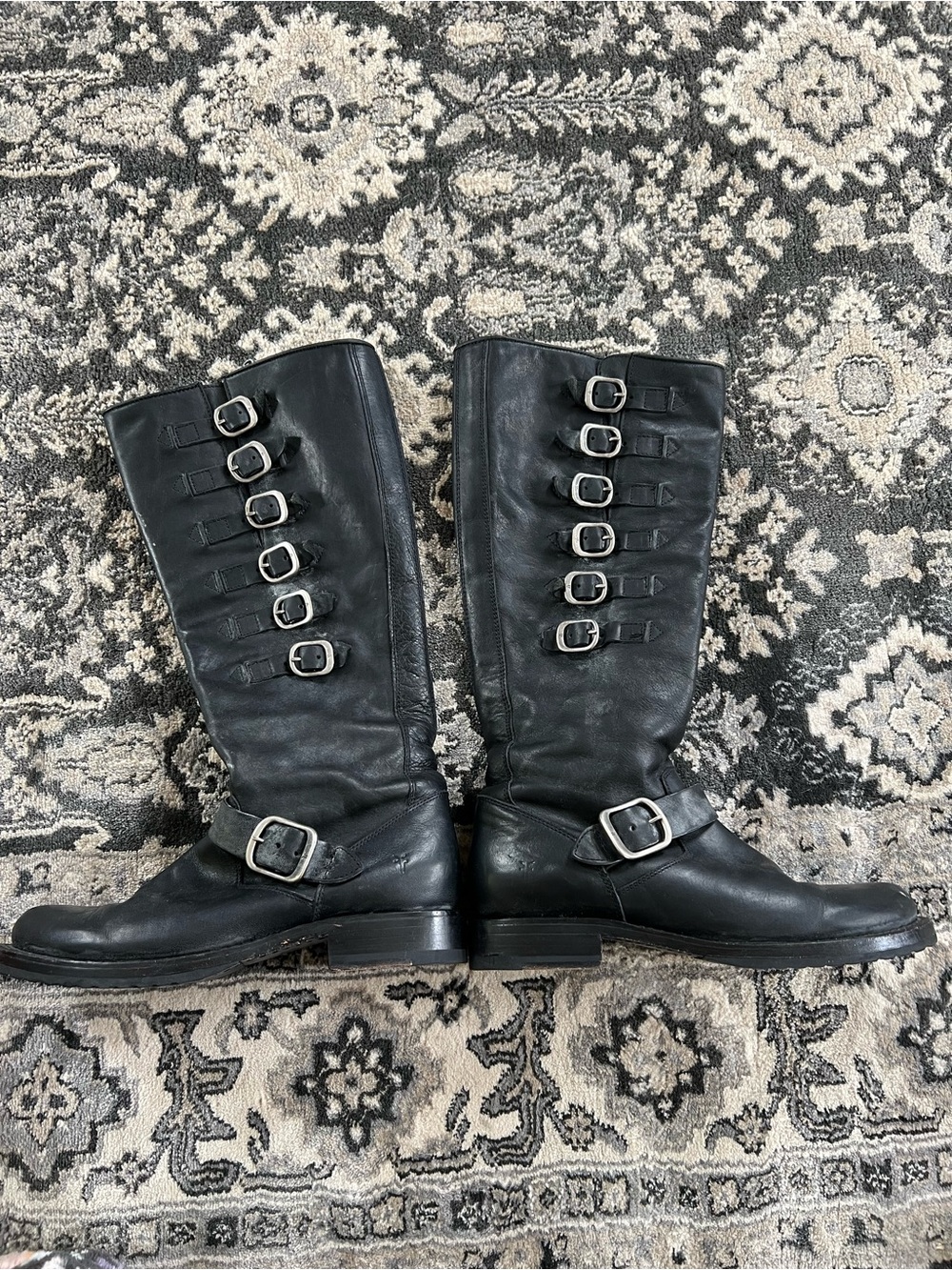 Frye Black Leather Buckle Lace-Up Mid-Calf Boots